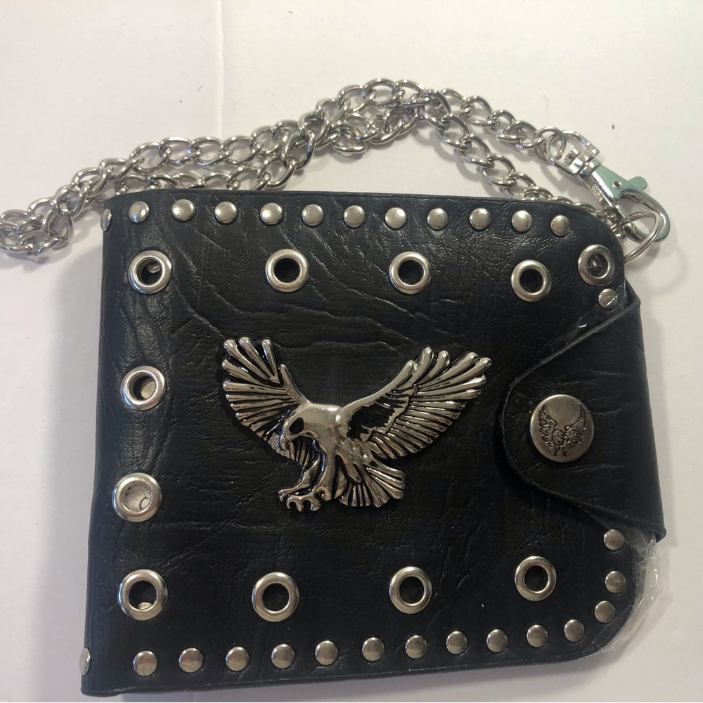 0022 leather wallet Black studded grommet eagle
